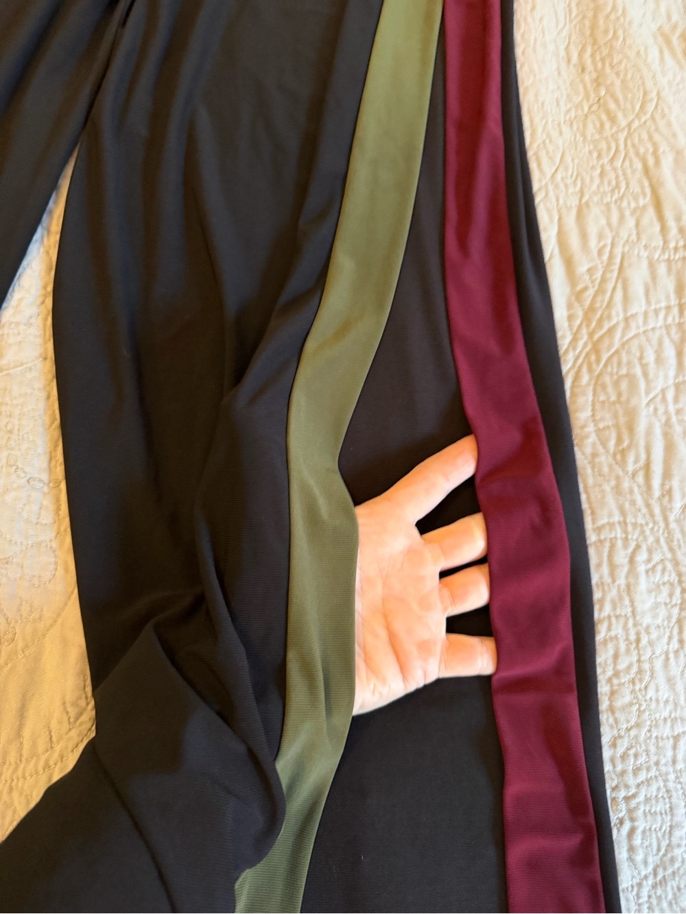 Wide-Leg open side Black Pants with Olive and Burgundy Side Stripes- Windsor - Picture 2 of 6